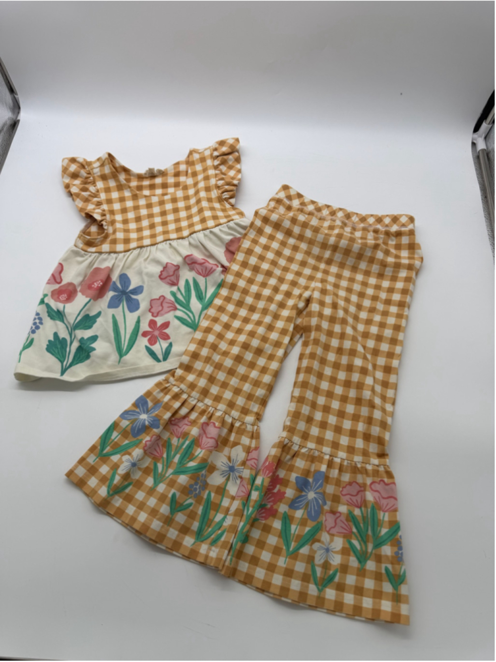 Foxtale Floral Gingham Matching Set Size 4 Mustard Cream Floral